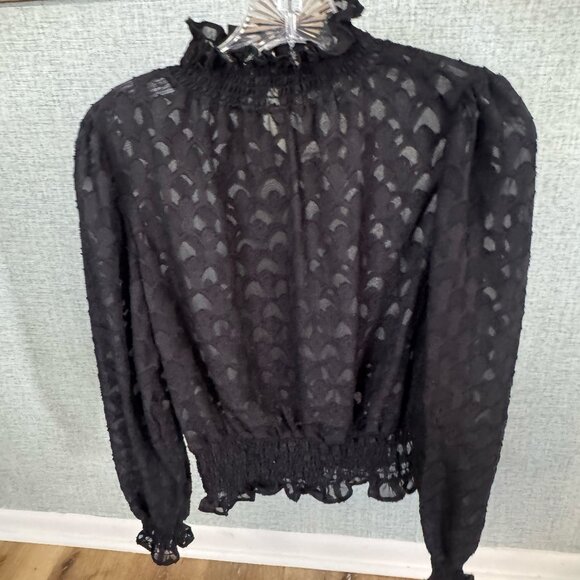 Black Lace Smocked Ruffle Mock Neck Blouse | Statement Top - Picture 2 of 6